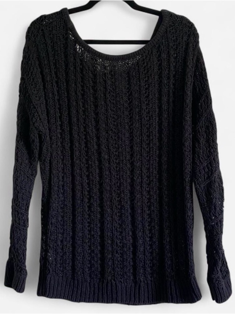 American Eagle Black Open Knit Sweater Size Large Chunky Crochet Pullover